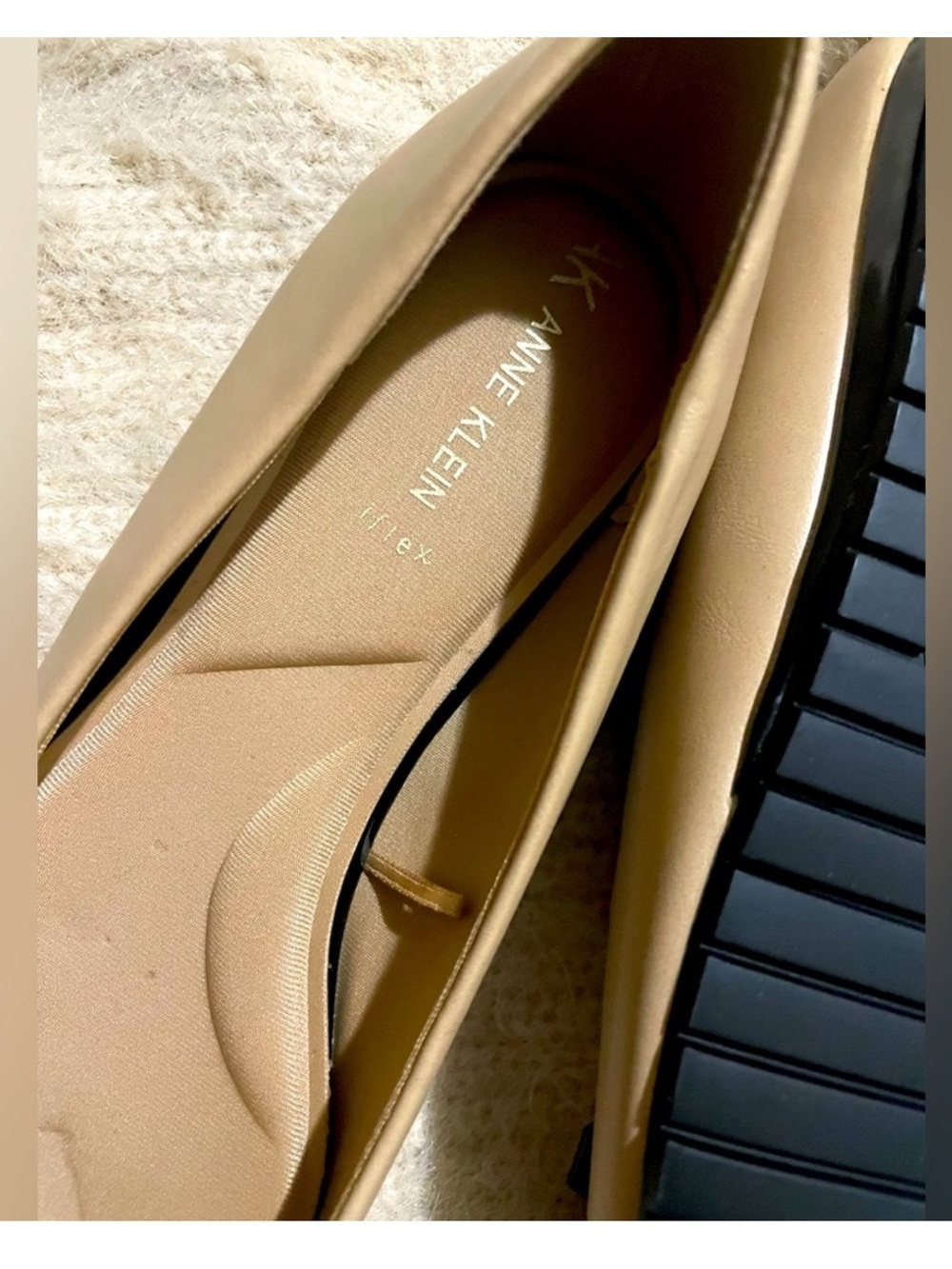Anne Klein Two-Tone Beige and Black Cap-Toe Flats with Bow - Picture 4 of 4